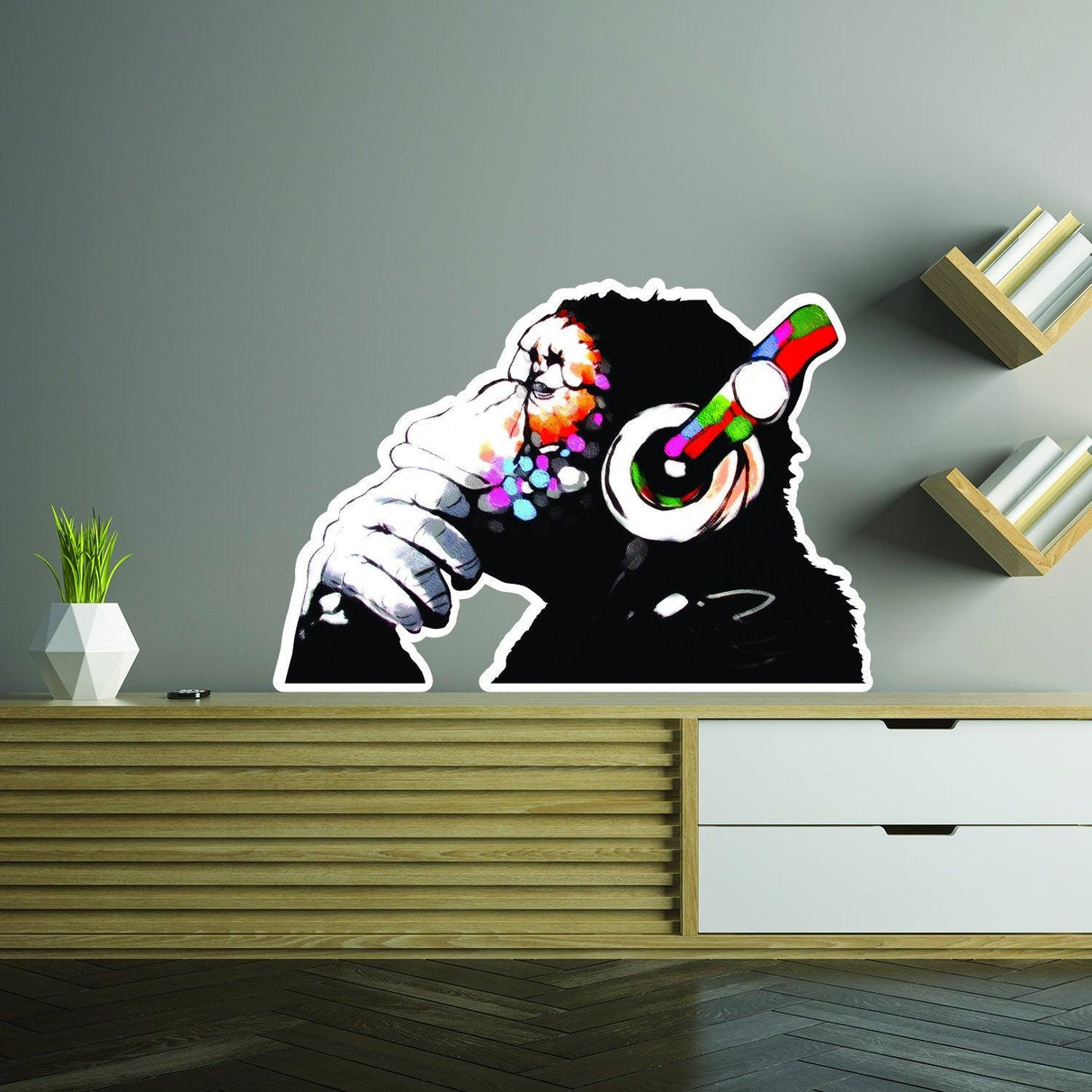 Banksy Monkey With Headphones Wall Sticker - Large Bansky Thinking Dj Chimp Vinyl Decal - Decords