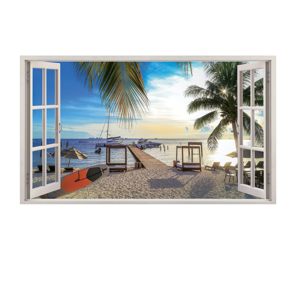 3d Window Beach View Wall Sticker - Removable Bedroom Ocean Scene Vinyl Room Decal - Decords