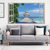 3d Window Beach View Wall Sticker - Removable Bedroom Ocean Scene Vinyl Room Decal - Decords