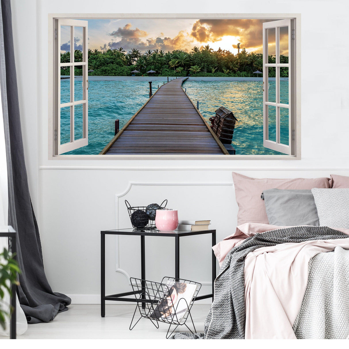 3d Window Beach View Wall Sticker - Removable Bedroom Ocean Scene Vinyl Room Decal - Decords