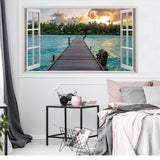 3d Window Beach View Wall Sticker - Removable Bedroom Ocean Scene Vinyl Room Decal - Decords