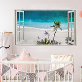 3d Window Beach View Wall Sticker - Removable Bedroom Ocean Scene Vinyl Room Decal - Decords