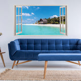 3d Window Beach View Wall Sticker - Removable Bedroom Ocean Scene Vinyl Room Decal - Decords