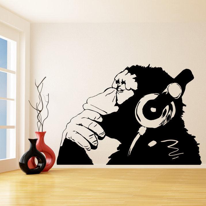 Banksy Monkey With Headphones Wall Sticker - Large Bansky Thinking Dj Chimp Vinyl Decal - Decords