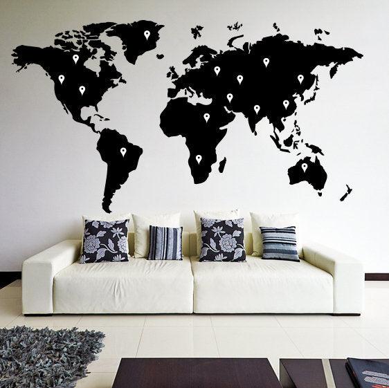 World Map Wall Decal - Large Vinyl Sticker Of The Giant Travel Globe For Bedroom Living Room Decor - Decords