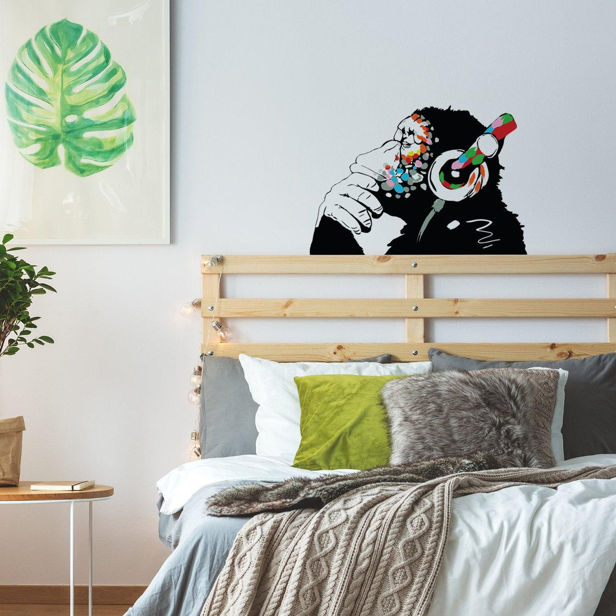 Banksy Monkey With Headphones Wall Sticker - Large Bansky Thinking Dj Chimp Vinyl Decal - Decords