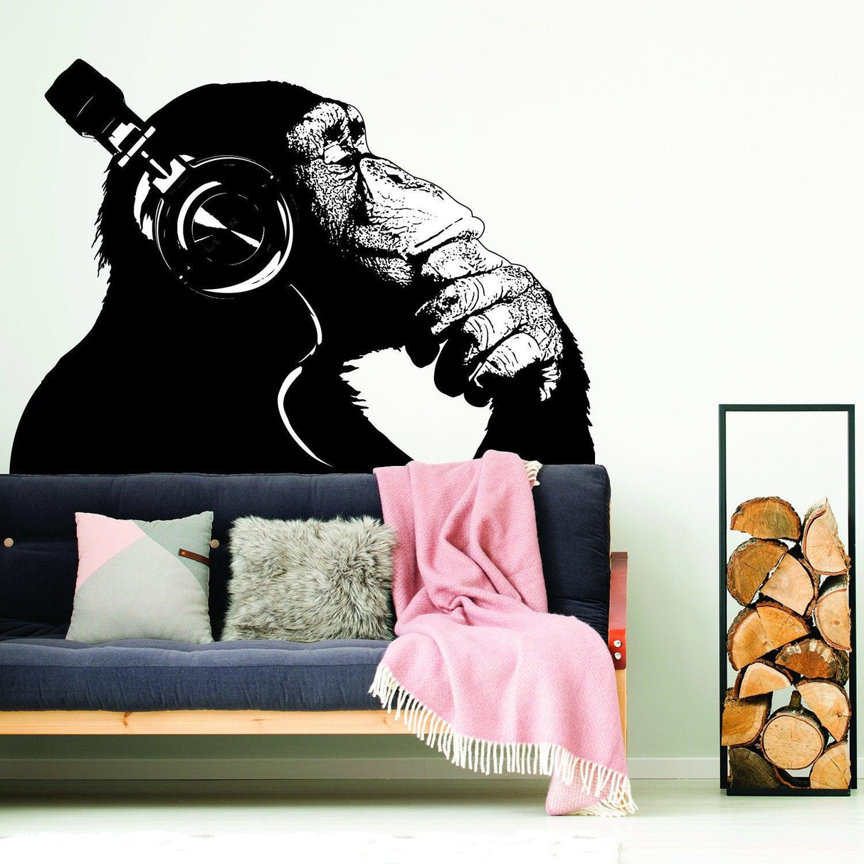 Banksy Monkey With Headphones Wall Sticker - Large Bansky Thinking Dj Chimp Vinyl Decal - Decords