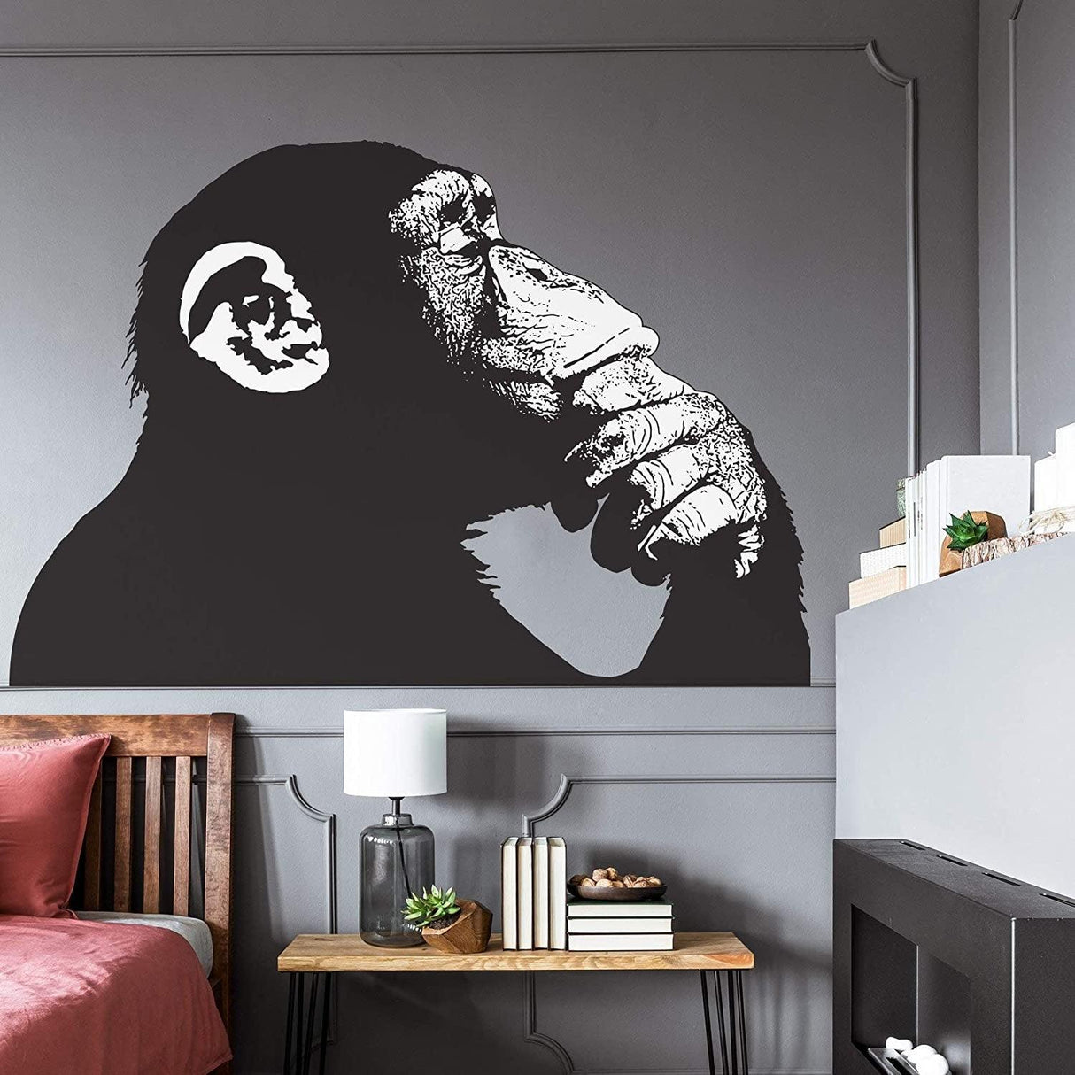 Banksy Monkey With Headphones Wall Sticker - Large Bansky Thinking Dj Chimp Vinyl Decal - Decords