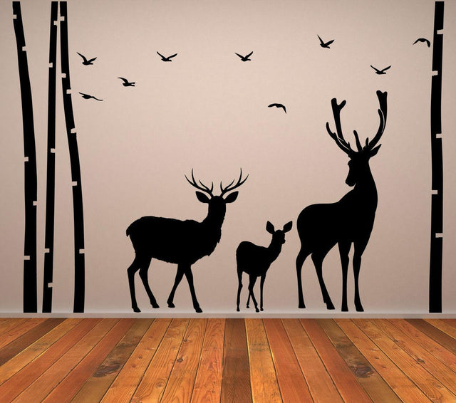 Deer Wildlife Wall Decal - Birch Tree Forest Moose Vinyl Sticker For Nursery Baby Kid Room Decor - Decords