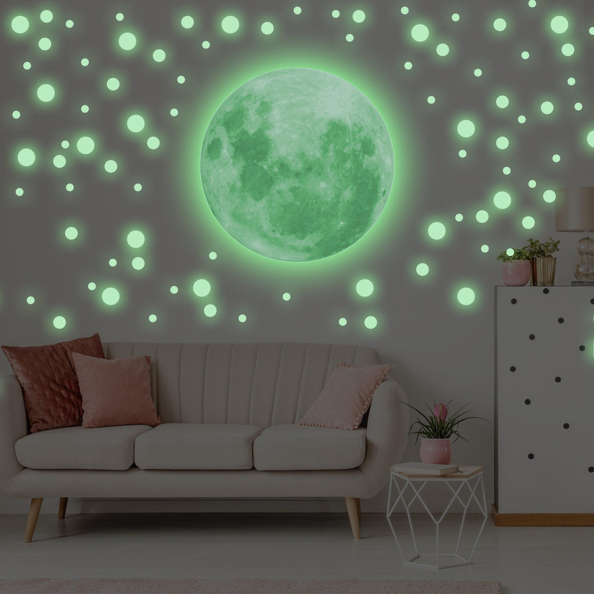 Glow In The Dark Full Moon And Star Wall Sticker - Bedroom Ceiling Decoration Large Glowing Decal - Decords