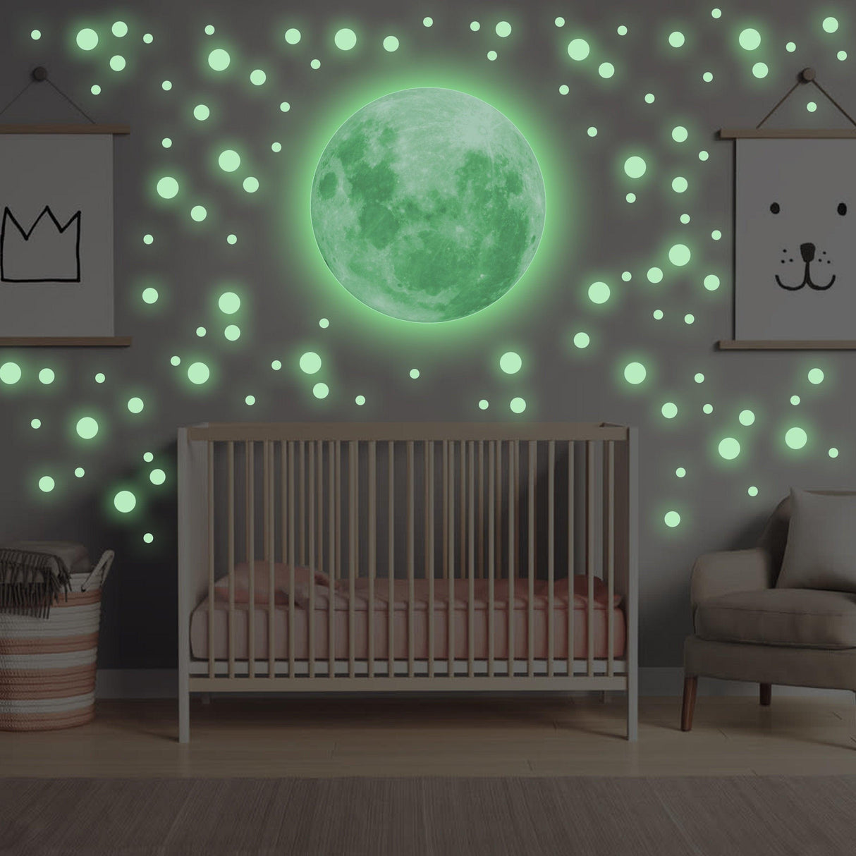 Glow In The Dark Full Moon And Star Wall Sticker - Bedroom Ceiling Decoration Large Glowing Decal - Decords