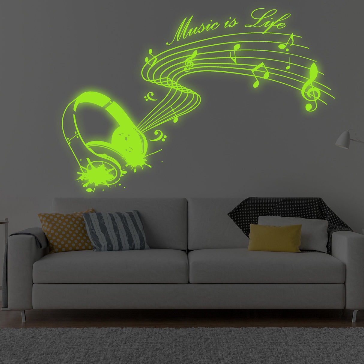 Glow In Dark Music Is Life Wall Sticker - Nigh Light Note Quote Decor Art Vinyl Decal - Decords