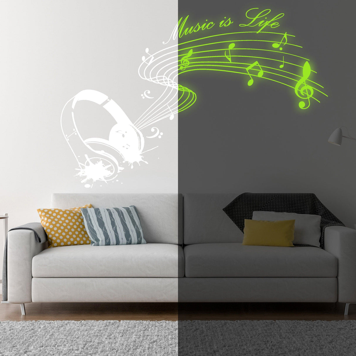 Glow In Dark Music Is Life Wall Sticker - Nigh Light Note Quote Decor Art Vinyl Decal - Decords