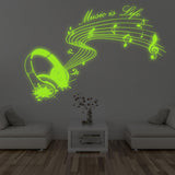 Glow In Dark Music Is Life Wall Sticker - Nigh Light Note Quote Decor Art Vinyl Decal - Decords