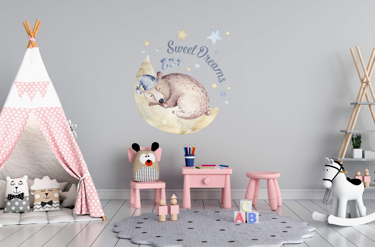 Cute Sleeping Animal Nursery Wall Sticker - Sweet Dreams Cloud Kid Baby Room Decor Decal - Decords