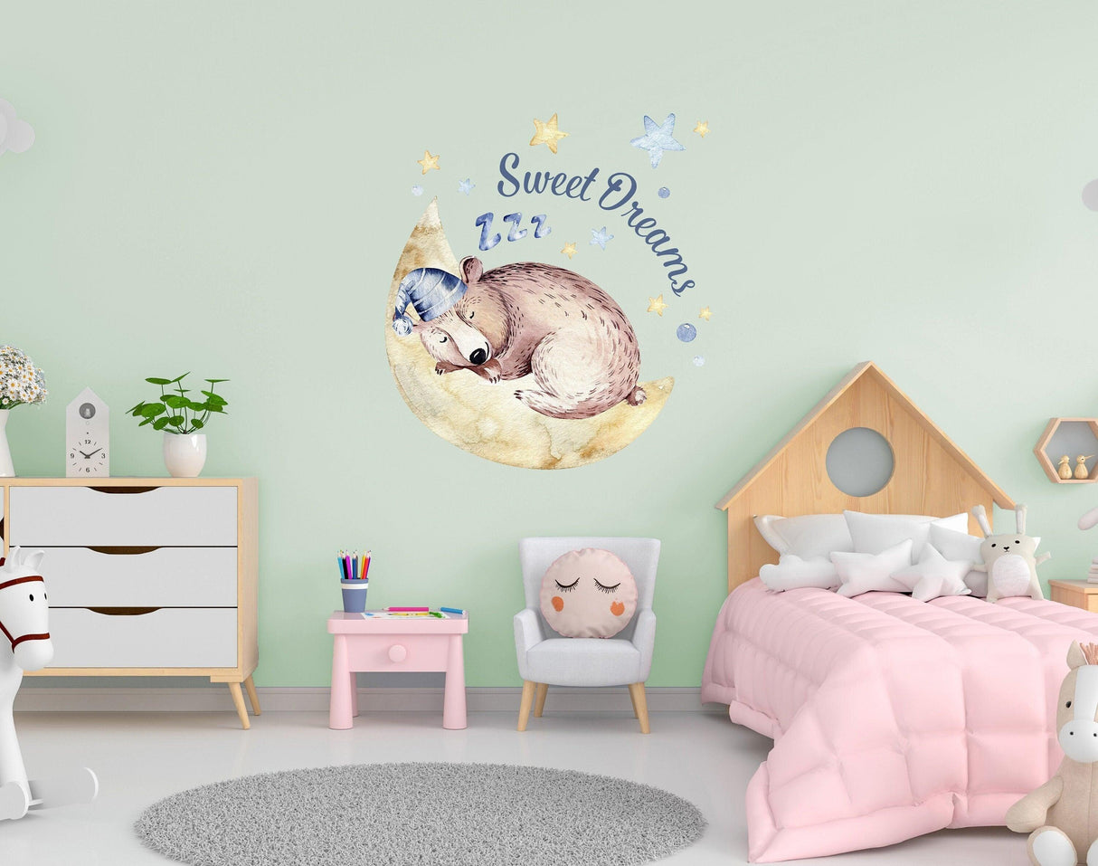 Cute Sleeping Animal Nursery Wall Sticker - Sweet Dreams Cloud Kid Baby Room Decor Decal - Decords