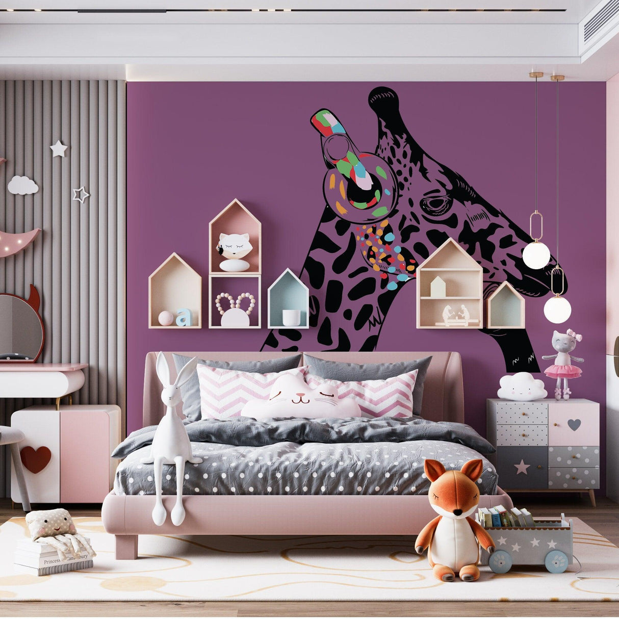 Giraffe Wall Art Sticker - Thinking Dj Giraffes Head Headphones Vinyl Decal - Decords