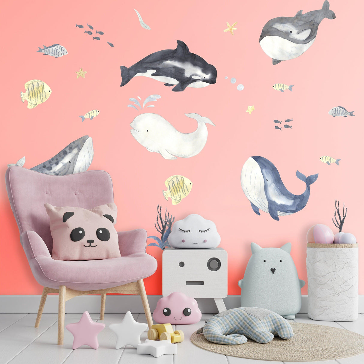 Sea Whales Wall Sticker For Kids Room Decor - The Under Ocean Life Baby Boy Nursery Decal - Decords