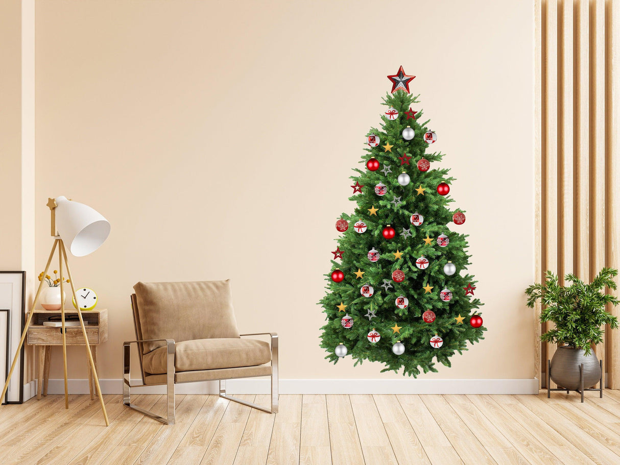 Christmas Tree Wall Vinyl Decal - Large Pine Ornaments Sticker Decoration For Living Kids Room - Decords