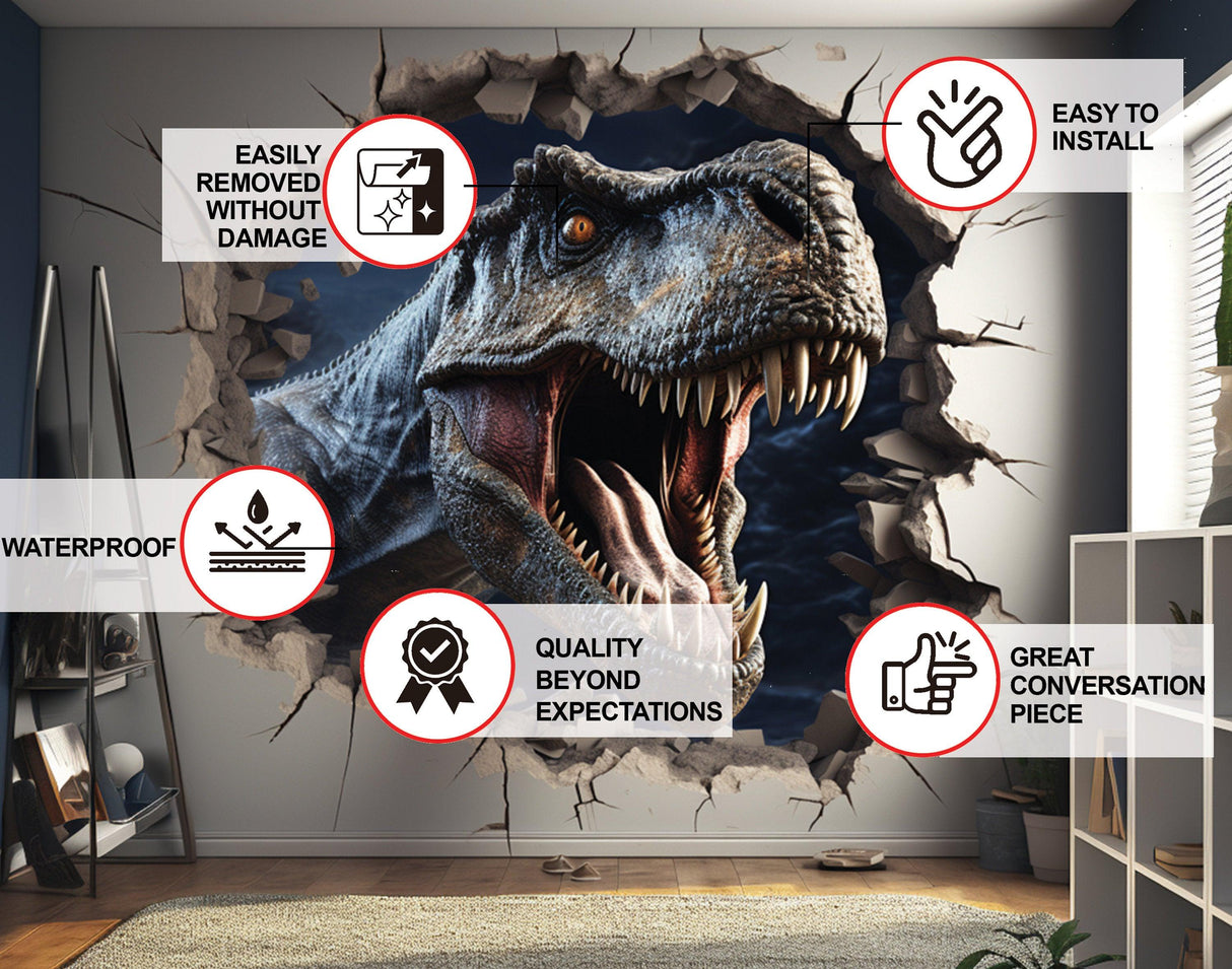 3D Dinosaurs Art Wall Sticker - Vinyl Decor with Broken Illusion Effect - Decords