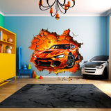 3D Fire Car Wall Sticker - Dynamic Crack Auto in Hole Art Decal - Boys Bedroom Broken Smashed Wall Vehicle Mural Decor - Sports Car Sticker - Decords