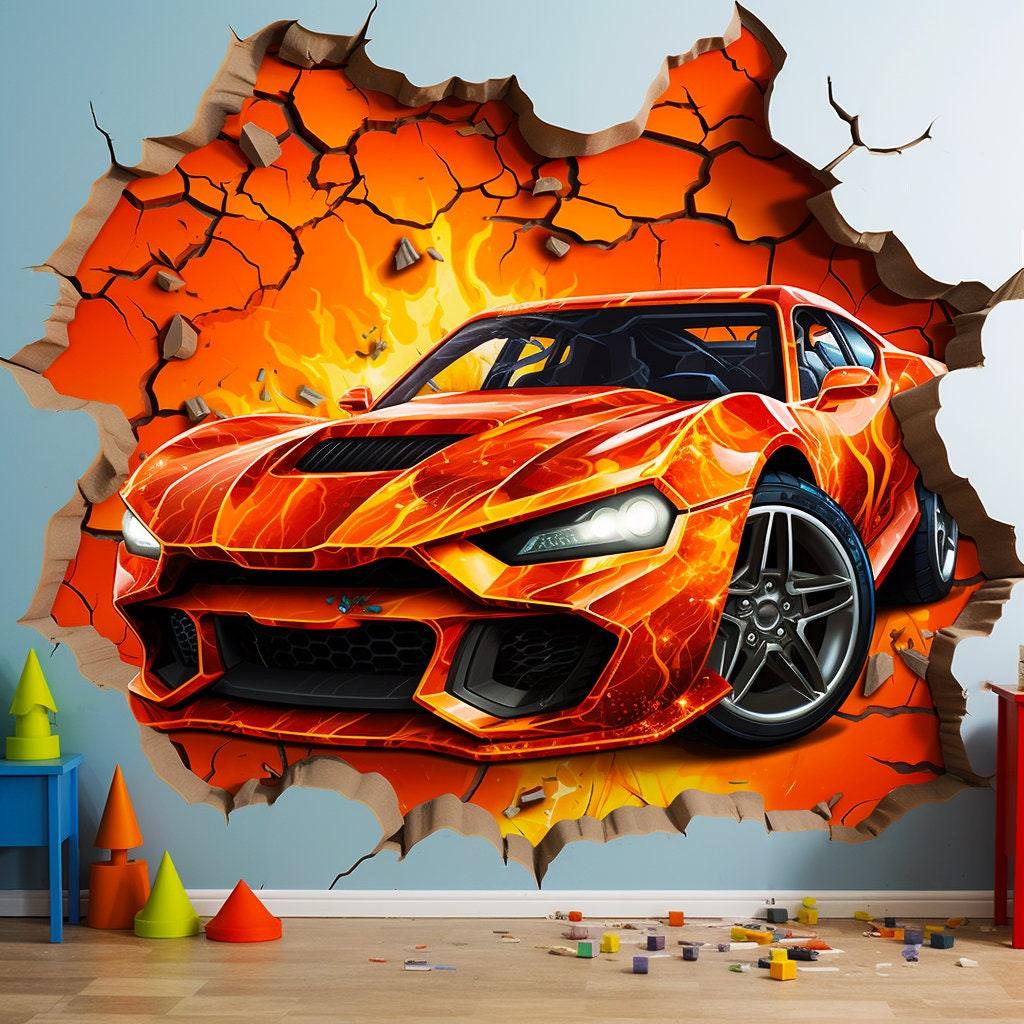 3D Fire Car Wall Sticker - Dynamic Crack Auto in Hole Art Decal - Boys Bedroom Broken Smashed Wall Vehicle Mural Decor - Sports Car Sticker - Decords