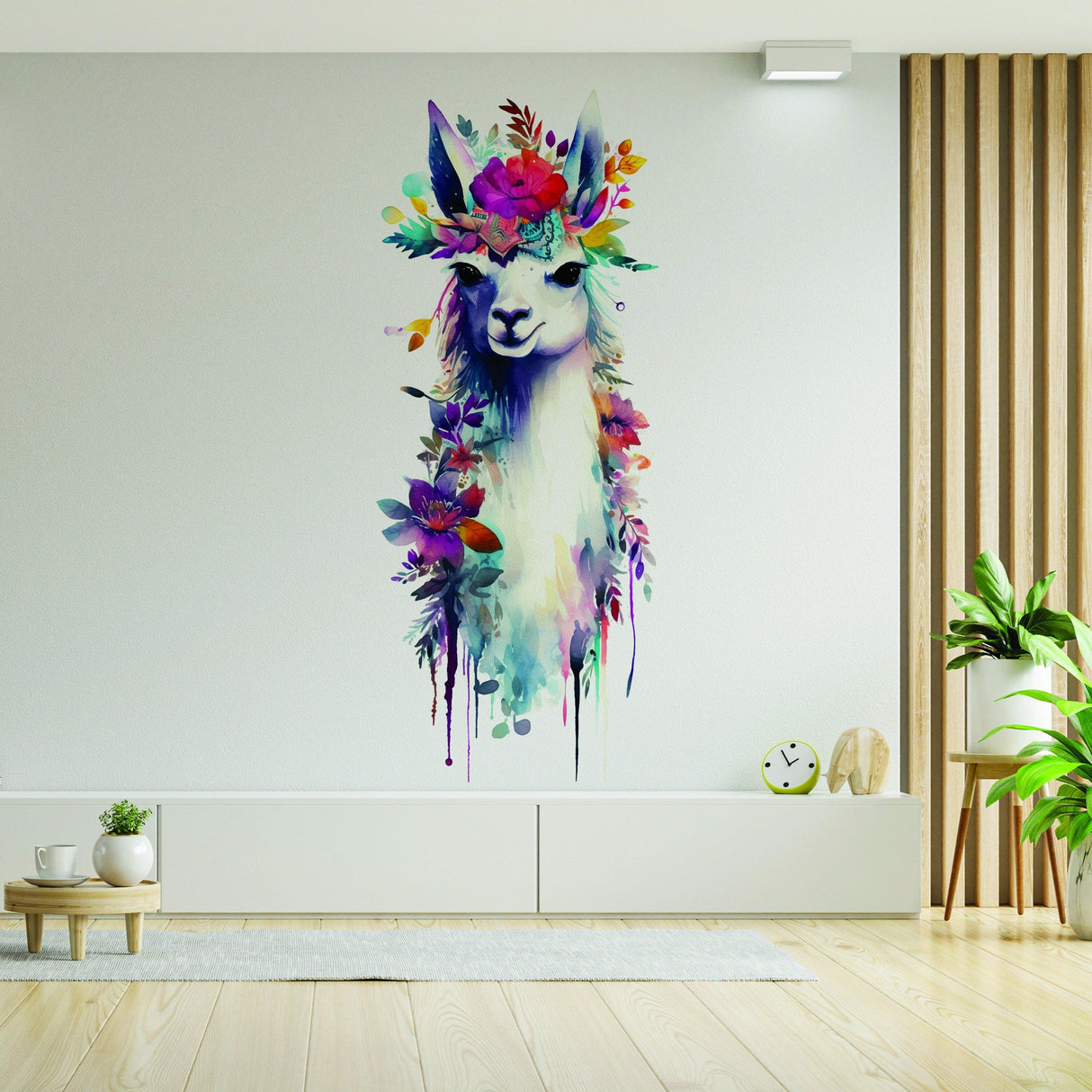 Artistic Alpaca and Floral Wall Decal - Watercolor Vinyl Llama Sticker - Decords