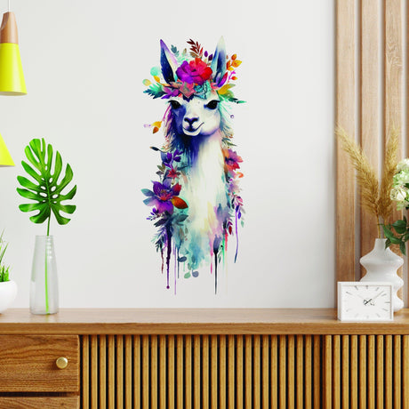 Artistic Alpaca and Floral Wall Decal - Watercolor Vinyl Llama Sticker - Decords