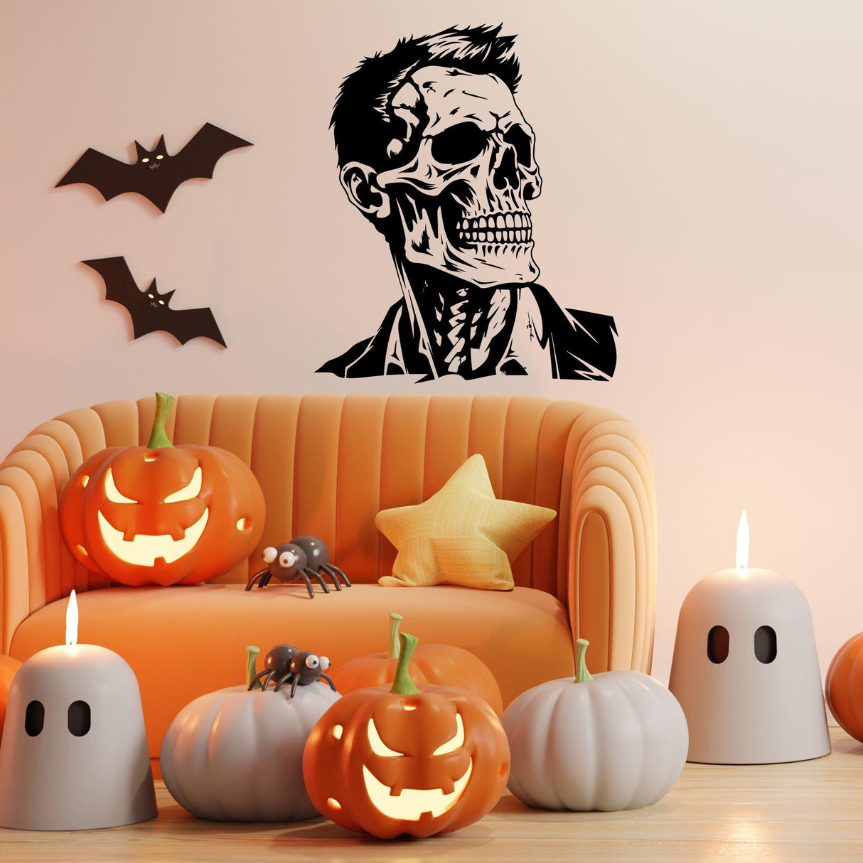 Halloween Skeleton Face Vinyl Decal - Businessman Skull with Hair Wall Art - Decords