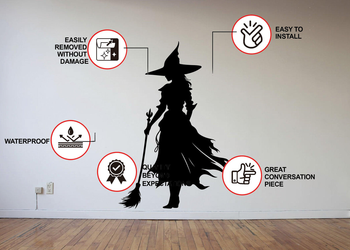 Wicked Witch Silhouette Window Decal - Halloween Witchy Shadow Sticker - Decords