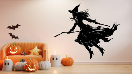 Flying Witch Broom Silhouette Decal - Haunting Halloween Window Art - Decords