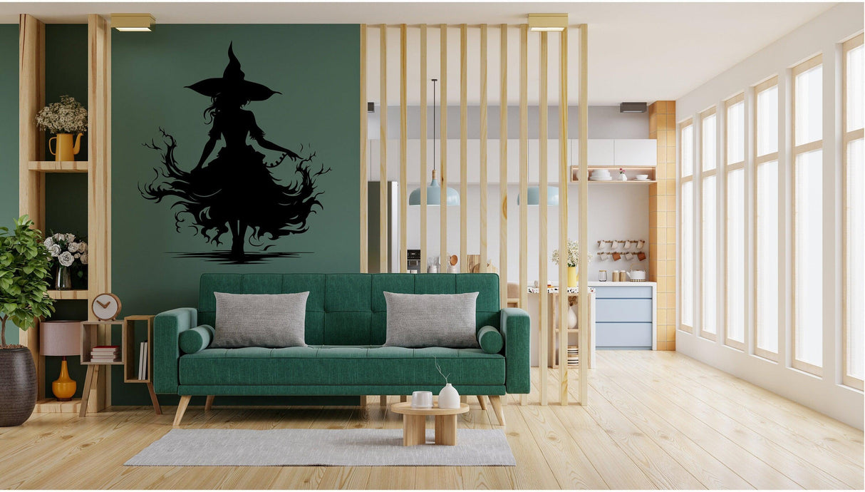 Sultry Witch in Flames Silhouette Decal - Enchanting Halloween Window Art - Decords