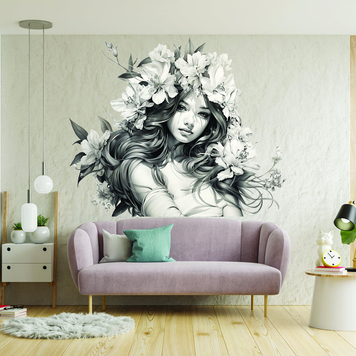 Stunning Woman with Floral Hair Wall Decal - Elegant Teen Vinyl Art Mural - Decords