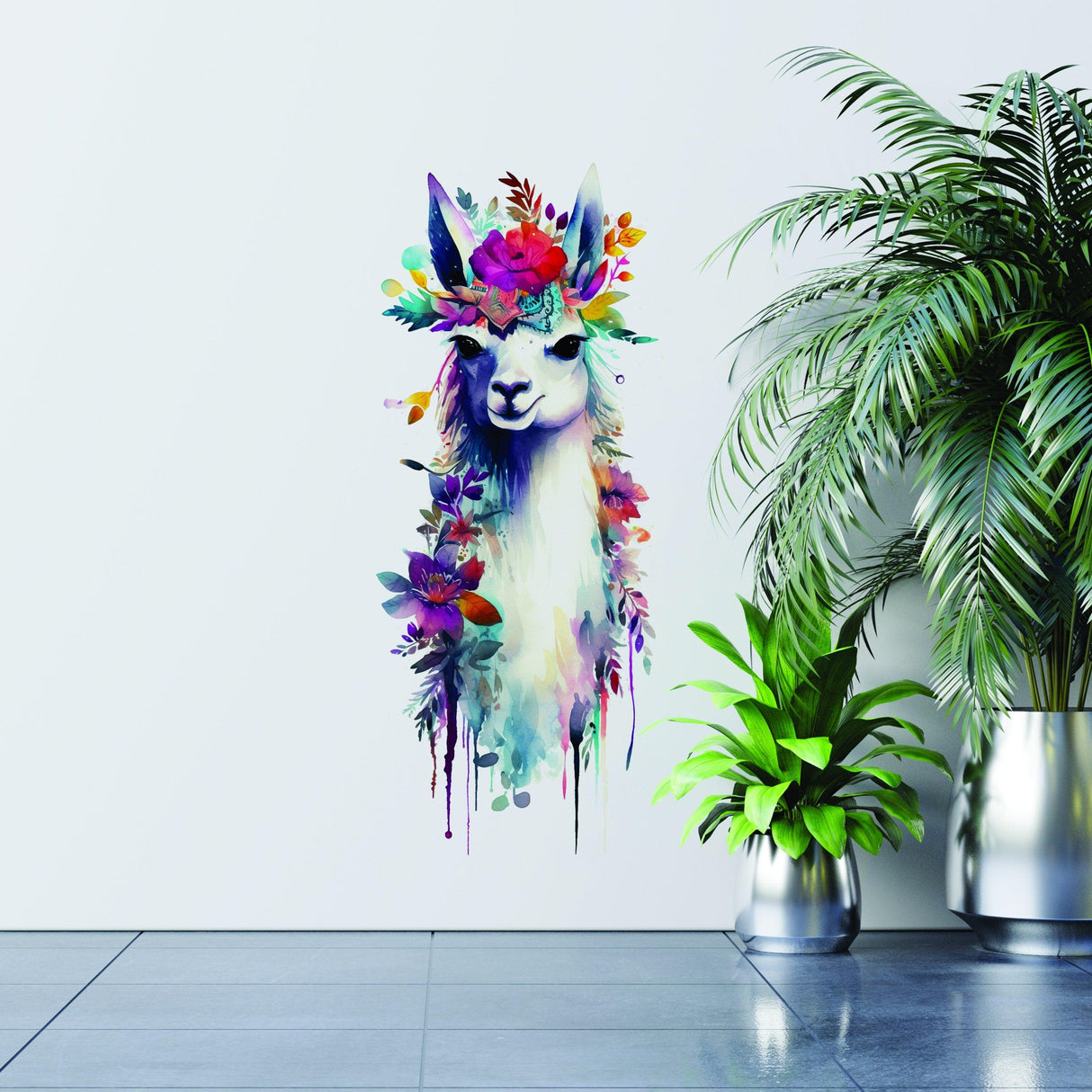 Artistic Alpaca and Floral Wall Decal - Watercolor Vinyl Llama Sticker - Decords