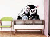 Banksy Inspired Thinking Monkey Decal In Pink Color - DJ Chimp Street Art Boho Girls Room Light-Toned Vinyl Sticker - Decords