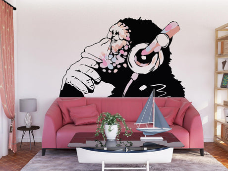 Banksy Inspired Thinking Monkey Decal In Pink Color - DJ Chimp Street Art Boho Girls Room Light-Toned Vinyl Sticker - Decords