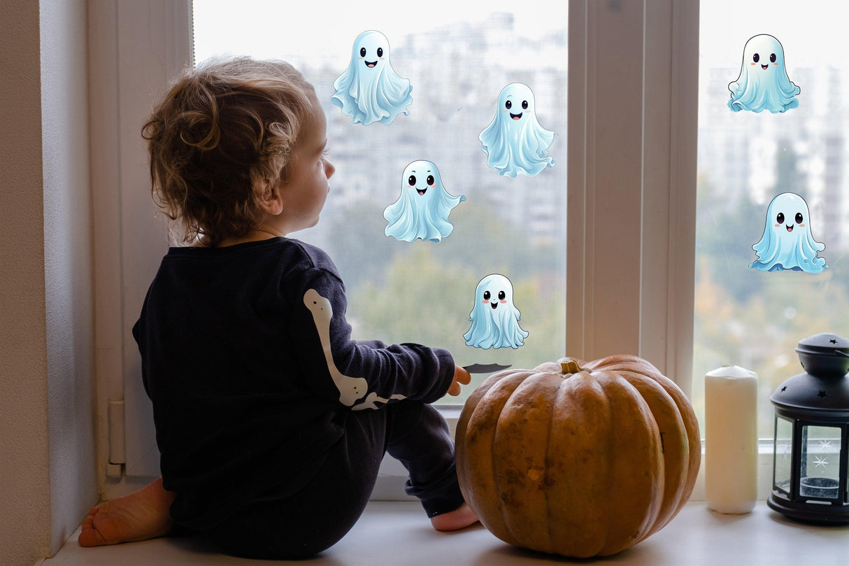 12x Printed White Ghosts Window Decals - Spooky Halloween Window Stickers Decor - Decords