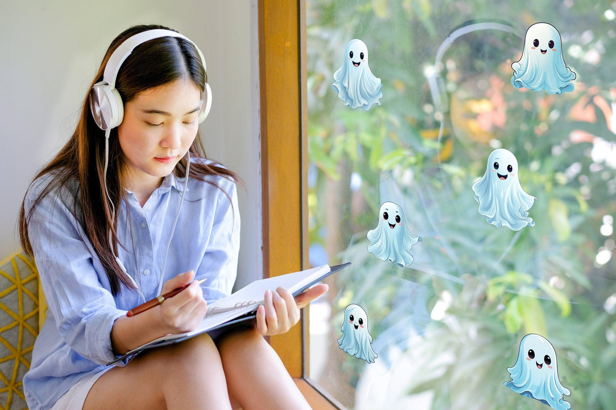 12x Printed White Ghosts Window Decals - Spooky Halloween Window Stickers Decor - Decords