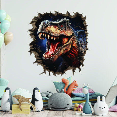 3D Dinosaurs Wall Decal - Peel and Stick Illusion Porthole Sticker - Cracked Wall Art Mural - Decords