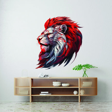 Cybernetic Lion Head Wall Decal - Red-Maned Futuristic Lion Art - Tech-Inspired Wisdom Wall Sticker - Decords