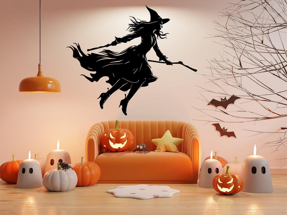 Flying Witch Broom Silhouette Decal - Haunting Halloween Window Art - Decords