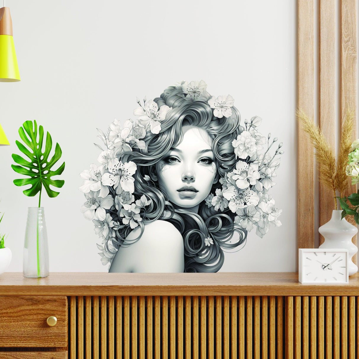 Elegant Woman with Floral Mind Decal - Apartment-Friendly Vinyl Wall Art Sticker - Decords