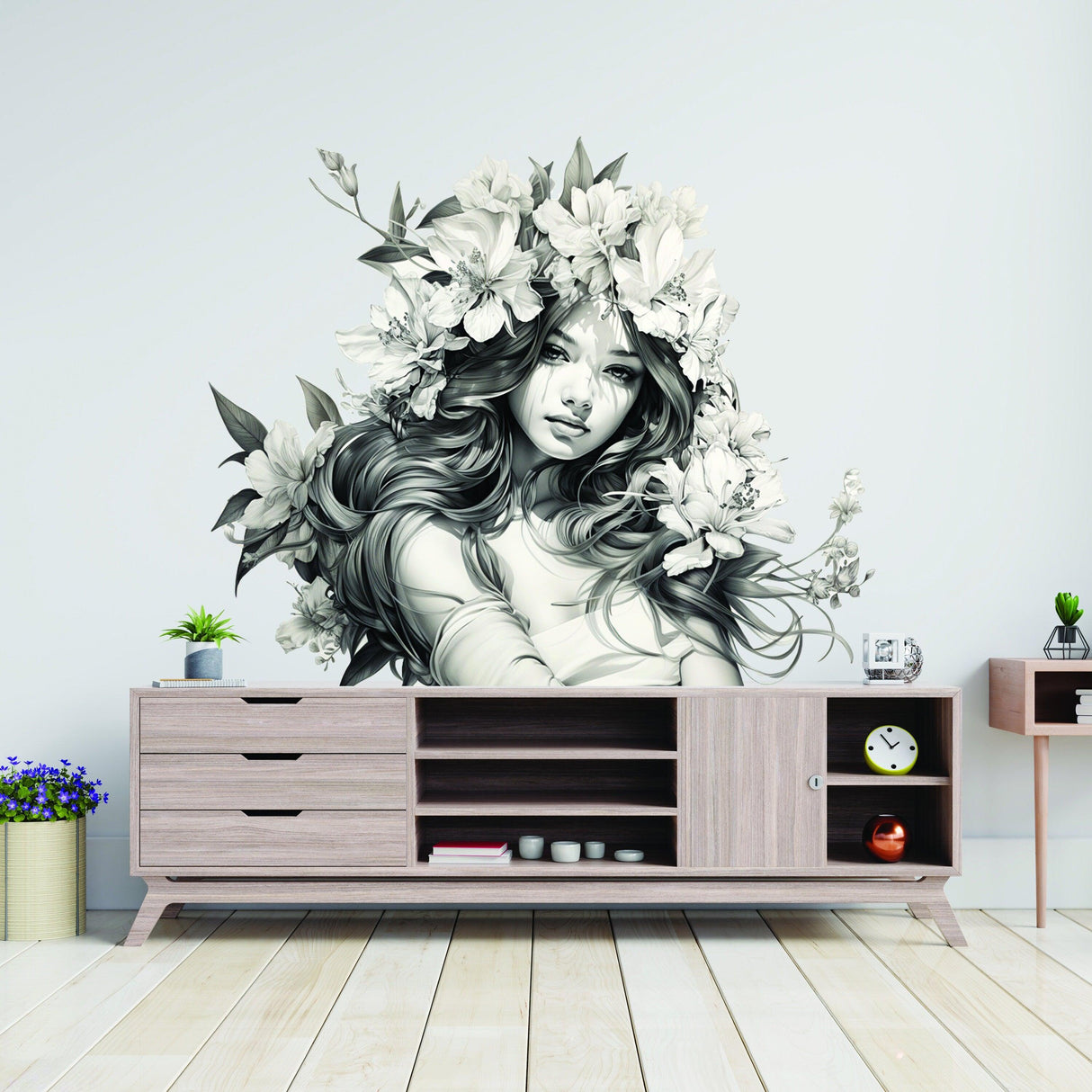 Stunning Woman with Floral Hair Wall Decal - Elegant Teen Vinyl Art Mural - Decords