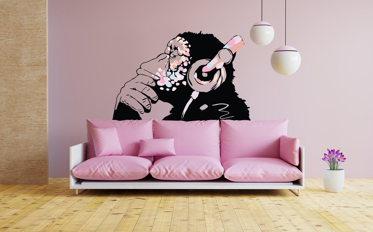 Banksy Inspired Thinking Monkey Decal In Pink Color - DJ Chimp Street Art Boho Girls Room Light-Toned Vinyl Sticker - Decords