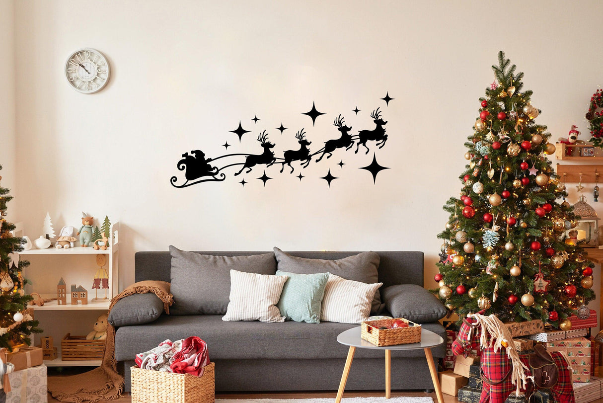 Santa Sleigh with Deers Window Decal - Christmas Silhouette Wall Stickers - Decords