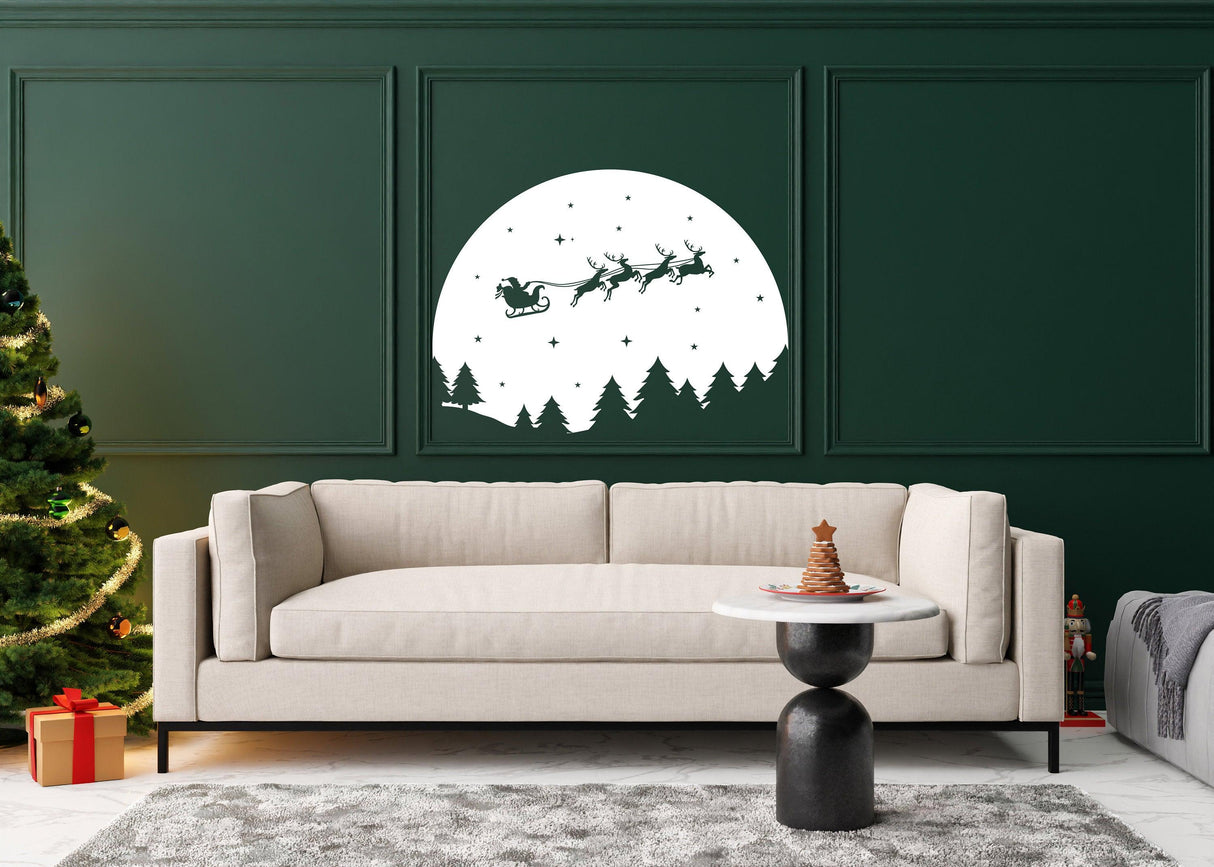 Starry Sky Santa & Sleigh with Deers Wall Decal - Christmas Silhouette Stickers - Decords