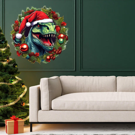 Dino Merry Christmas Wreath Wall Decal - Funny Dinosaur T-Rex in Red Hat Sticker - Decords