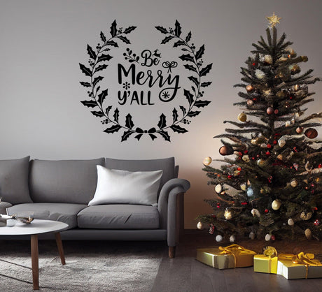 Charming Christmas Quote Wall Vinyl Sticker - "Be Merry y'all" Text Decal Sign - Decords