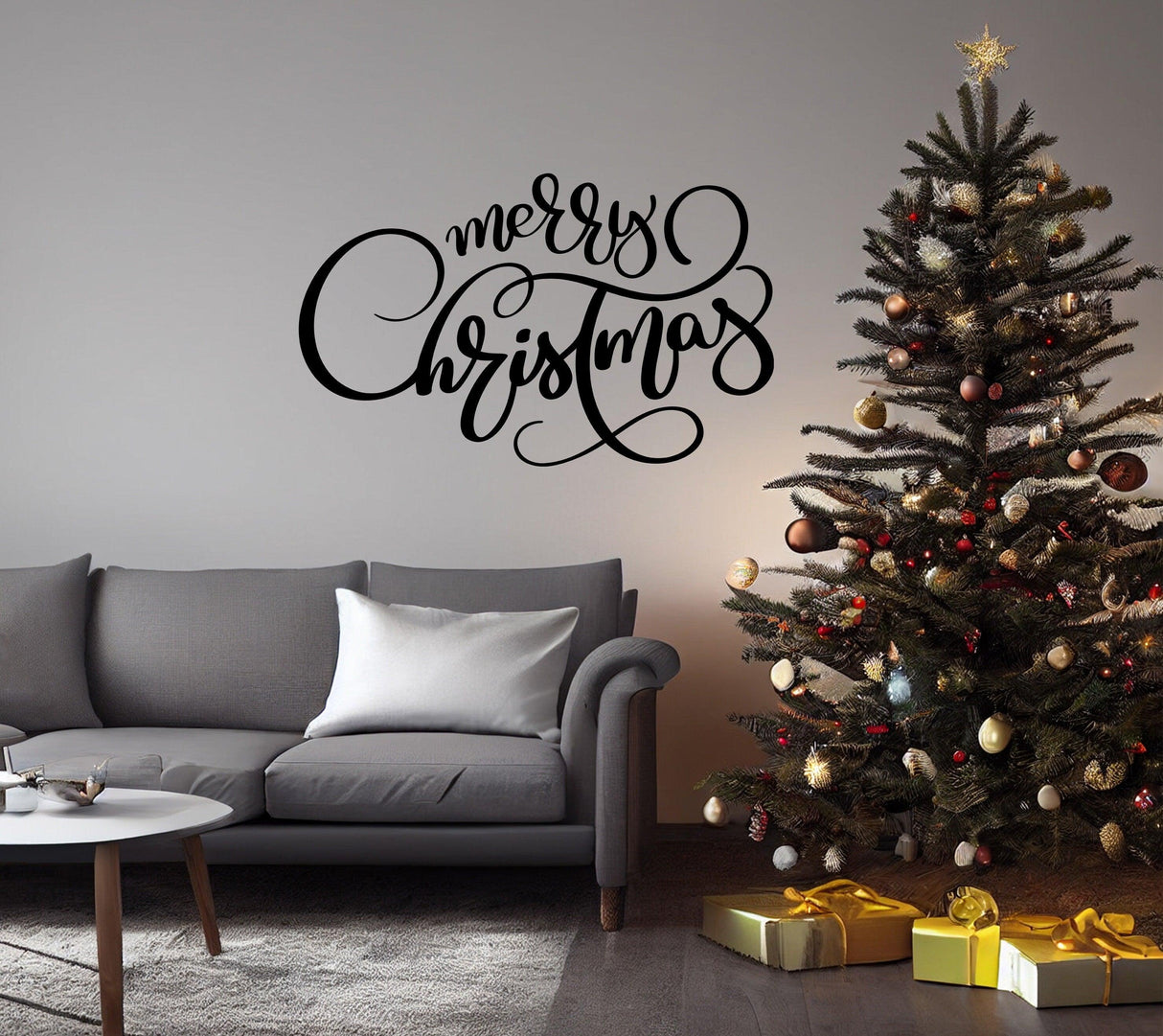 Elegant Christmas Quote Wall Vinyl Sticker - "Merry Christmas" Family Decal Sign - Beautiful Cursive Text Living Room Decor Holiday Sayings - Decords