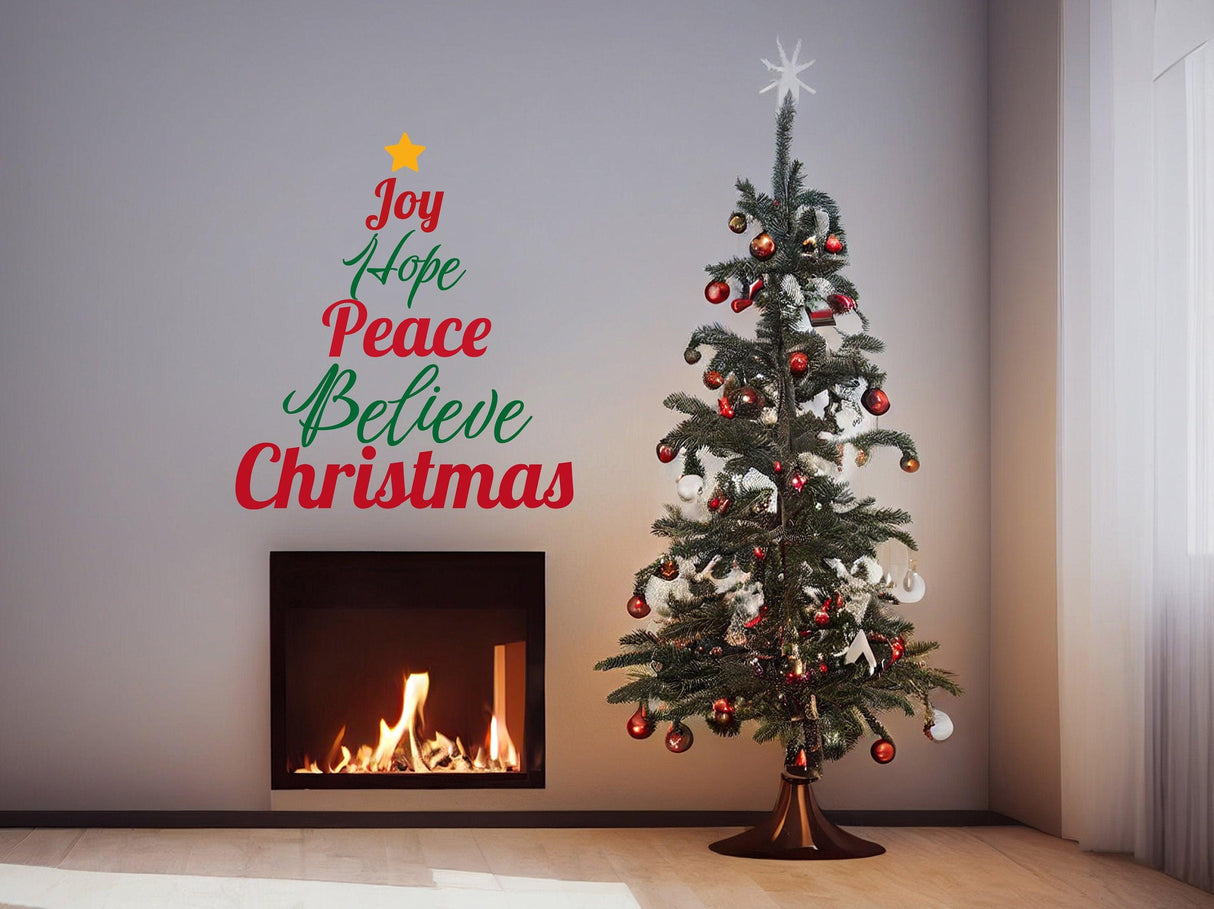 Heartfelt Christmas Quote Wall Decal - "Joy Hope Peace Believe Christmas" Text Sticker - Inspirational Family Living Room Holiday Sayings - Decords